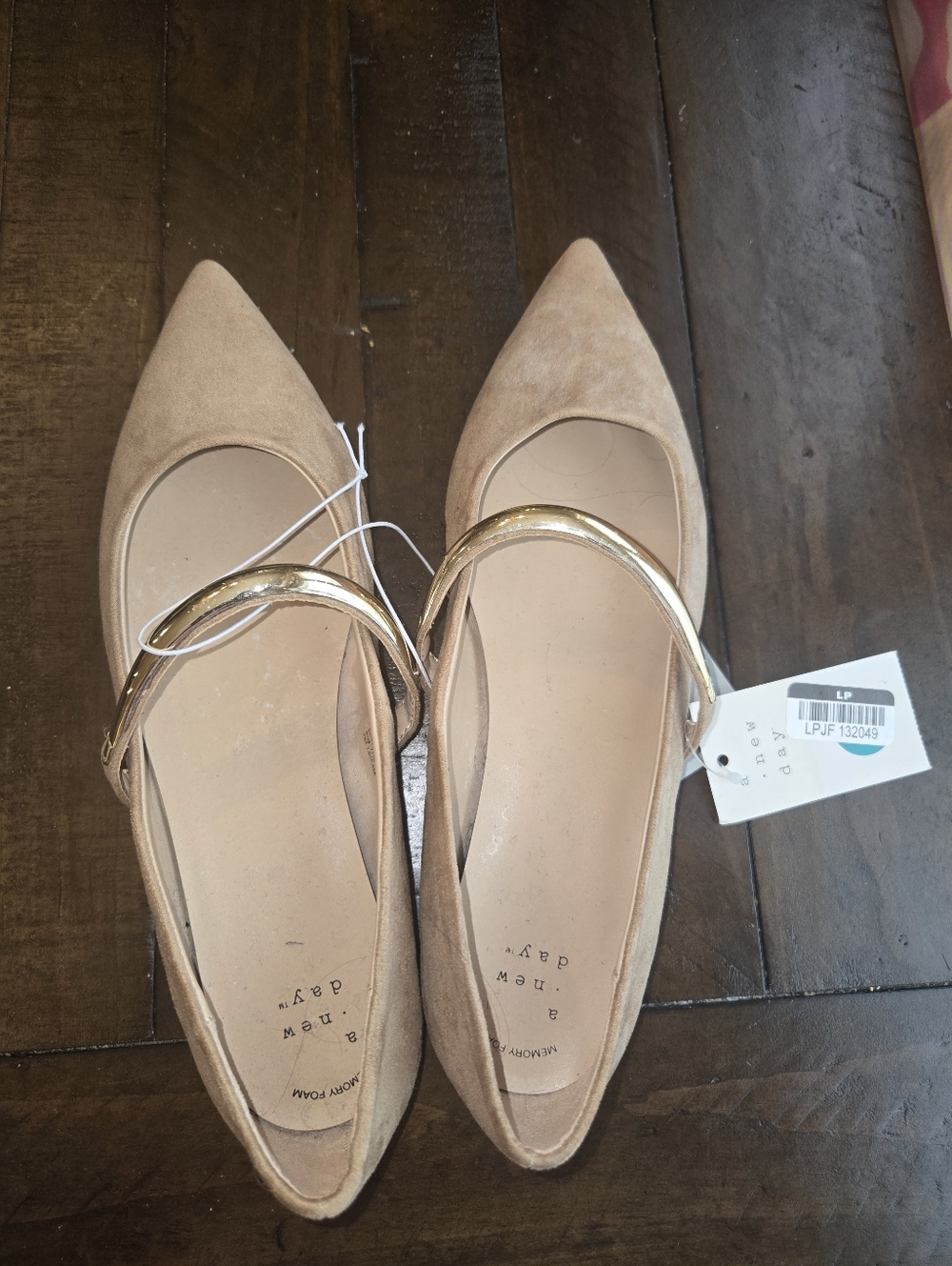 A New Day Suede Pointed Toe Flats with Gold Strap - Nude